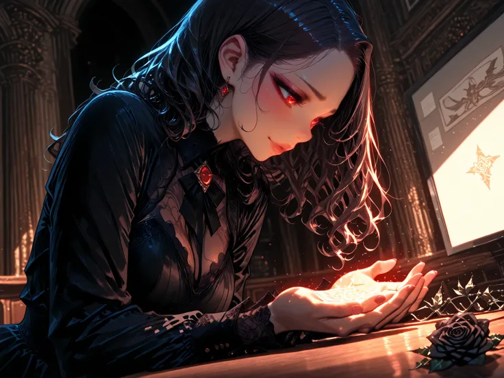 Cinematic Angle,cinematic lighting,A beautiful, bewitching adult woman smiles fearlessly,I look down with cold eyes,The woman has a single red and black rose in her hand,her long, lightly wavy hair flutters softly,The dark burgundy dress complements the gl...