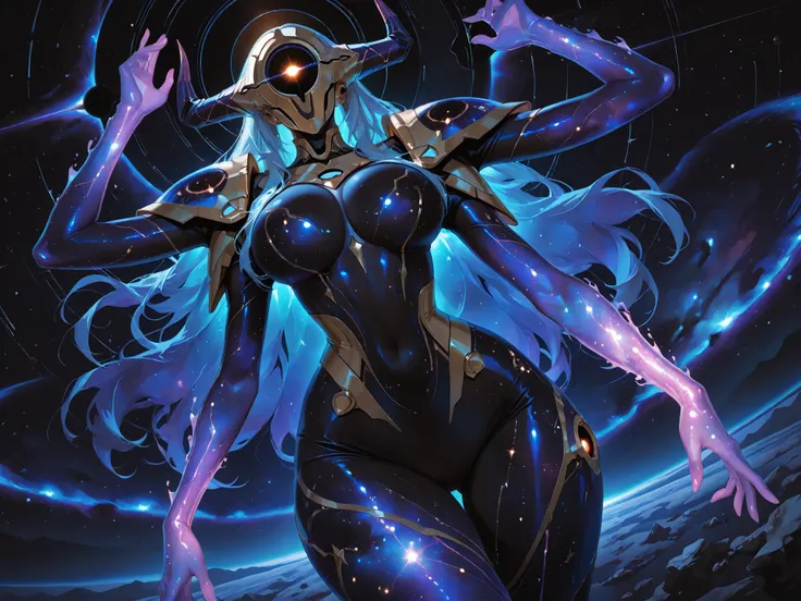 masterpiece,best quality,amazing quality,highres,absurdres,very_awa, masterpiece, best quality, newest, absurdres, highres, beautiful, detailed background, beautiful woman, mature, divine female creature space nebula and covered in stars, faceless, black h...