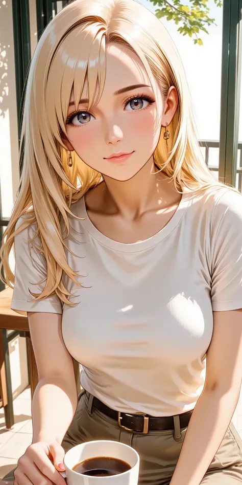 A realistic, eye-level medium shot of an attractive Japanese woman in her 30s with elegant long golden-blonde hair. She has natural makeup and is looking directly at the viewer with a gentle, relaxed smile. She is wearing a chic, comfortable everyday outfi...