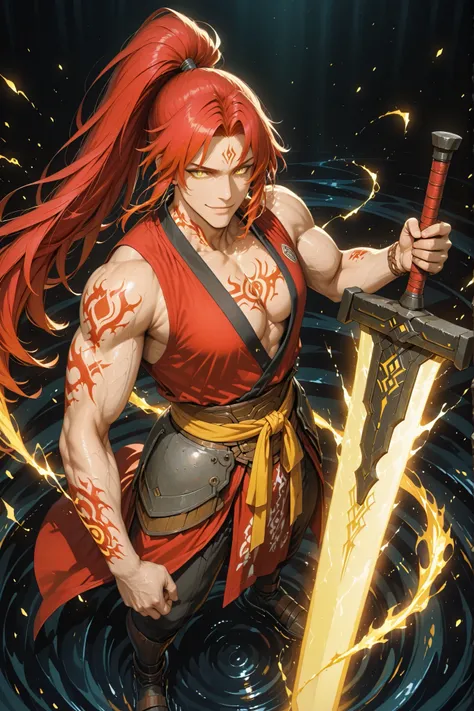 holding_sword,Anime-style full body shot from above, showing a tall, handsome, muscular adult man with light Asian skin, long red hair streaked with yellow and red tied in a high ponytail, and a confident smile. His bright yellow eyes gleam with fiery ener...
