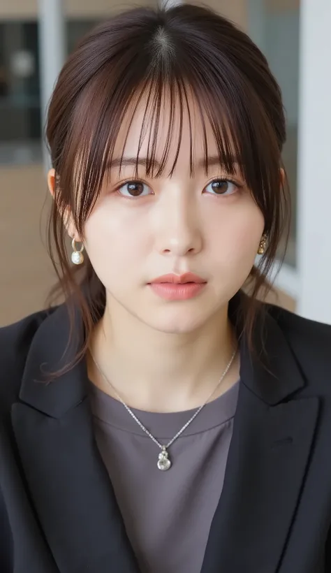 Neat Young Woman、and look at the camera、office lady suit、jacket、shirt、necklace、、ear piercing、前髪あり、No expression、has closed its mouth、顔のクローズアップ、The background is office