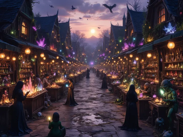🧚♂️ Fantasy Shopping Market — *3D realistic fantasy style*
A vast magical marketplace under twilight skies, filled with elves, goblins, and strange creatures trading mystical goods. Elegant elves in flowing robes examine glowing crystals, while mischiev...