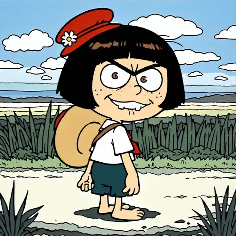 masterpiece, newest,absurdres, incredibly absurdres, 0_11Xx_B,(surreal:1.5), 1girl (freckles), ((natural color scheme unibrow, unibrow)), huge two gaped-bucktooth face), outdoors, solo, hat, sailor girl, white dress, black hair, scenery, short hair, flower...