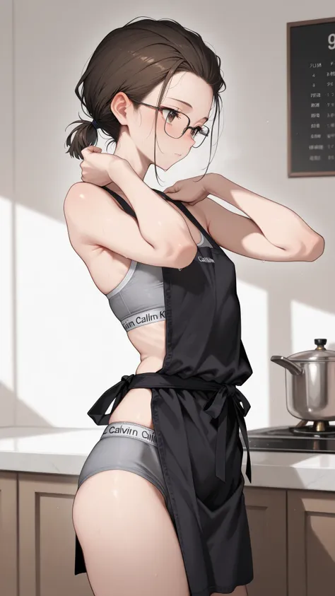 Sagawa style ,aoisai123,detailed facial expressions, fine eyes, cute eyes,sexy pose、

1 woman,Beautiful Women, detailed face, fine eyes, cute eyes, 

Slim, Tiny Chest, Glasses, black apron, Grey underwear, Calvin Klein,





tied up hair, Low Ponytail, hai...
