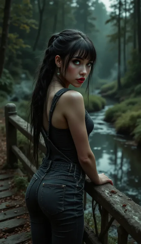 (dramatic lighting), masterpiece, best quality, very aesthetic, light, sfw, detailed background, ethereal,
1girl, solo, long hair, green eyes, long bangs, braids, medium breasts, black hair, tight overalls, earrings, fishnet thighhighs, nail polish, steam,...