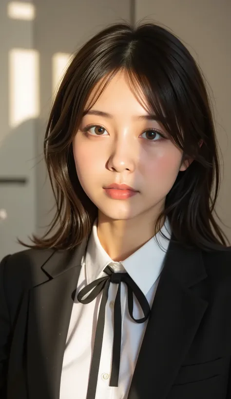 photorealistic, Light on Face, side of the sky, Black loop ribbon, white dress shirt, black blazer, Wavy blazer, long hair, brown eyes, black hair, Beautiful Japanese Woman, laughing with mouth closed, woman in uniform, staring at the viewer, Perfect Anato...