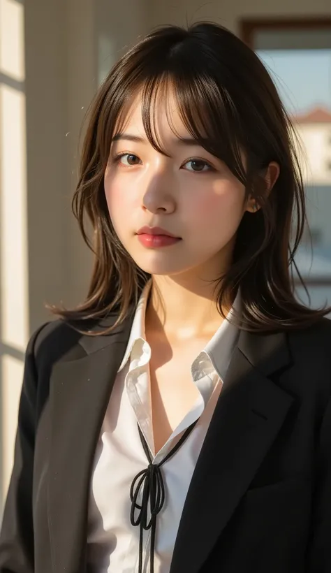 nsfw, ((cleavage)), photorealistic, Light on Face, side of the sky, Black loop ribbon, white dress shirt, black blazer, Wavy blazer, long hair, brown eyes, black hair, Beautiful Japanese Woman, laughing with mouth closed, woman in uniform, staring at the v...