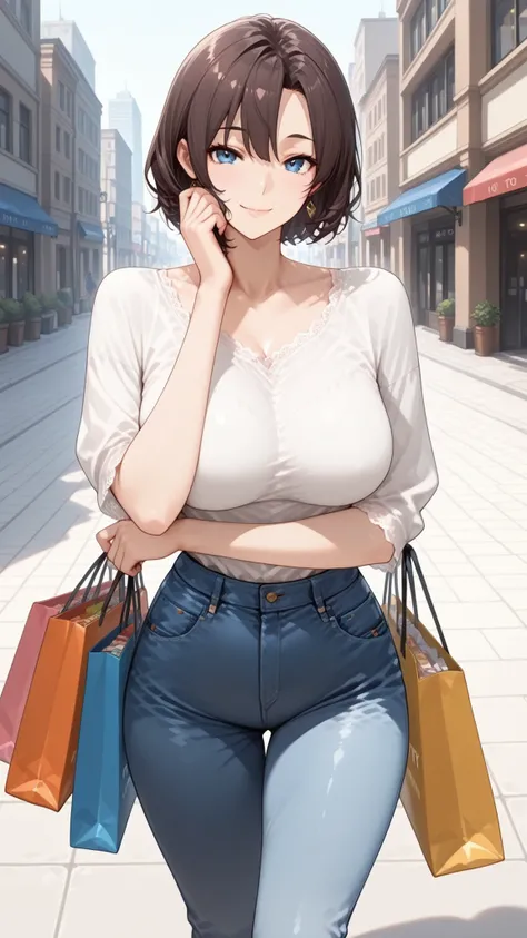 masterpiece,Highest Quality,amazing quality,right-side,Wide Shot, girls, brown hair,blue eyes, I applied it to my wavy hair,  expressi top less ,hair between eyebrows, shopping bag, walk, City, jeans,white lace trim shirt, mature woman, smile, solo, place ...