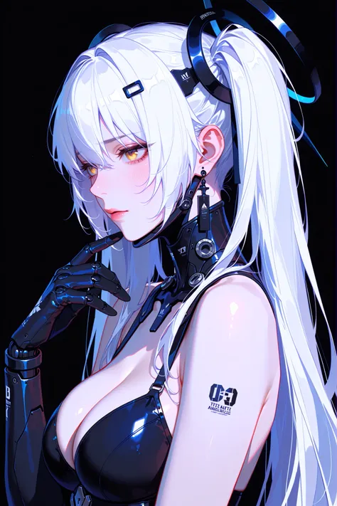 masterpiece, 1girl, Solo, Laurel, Punishing gray raven, amber eyes, Eyelashes, white hair, long hair, twintails, headgear, bodysuit, upper body, neutral, innexpressive, Shy, Sad, black background, simple background, score_9, score_8_up, score_7_up, unaesth...
