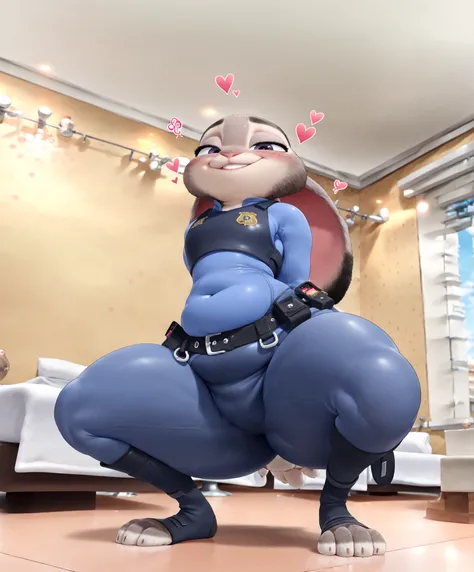 score_9, score_8_up, score_7_up, 1girl, solo, Judy Hopps from Zootopia, Police Uniforms, ,(Rabbits' ears fall down:1.2) ( plump:1.6),thick thighs,(wide hips:1.4),thick arms,hand behind your back,Rabbits' ears fall down,light blue innerwear,Navy blue pantyh...