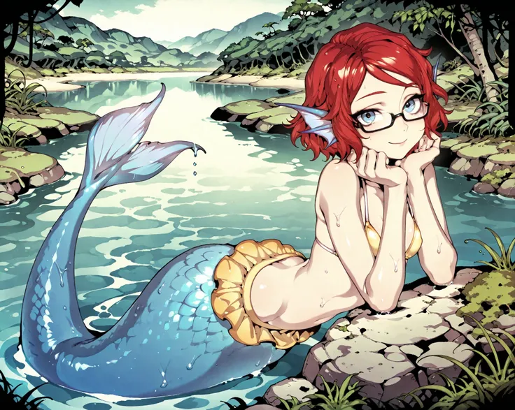 Source_anime, young woman, fishine style, 1girl, solo, monster girl, mermaid BREAK
Red hair, short hair, small breasts, wavy hair, blue eyes, cute face, glasses, small breasts, headfins, blue mermaid tail BREAK
Yellow bikini, bikini top only, yellow sk...
