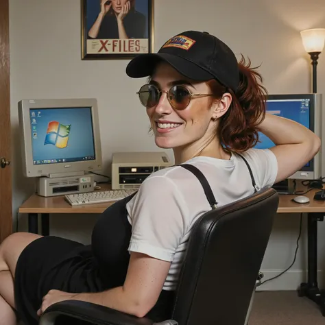 Photorealistic close up picture, cinematic style, margaret in a 1990s style home office room. she is sitting on a computer chair. wearing a 1990s style outfit. Wearing a black slip dress over a white t-shirt in 1990s style. a 1990s style hair kept straight...