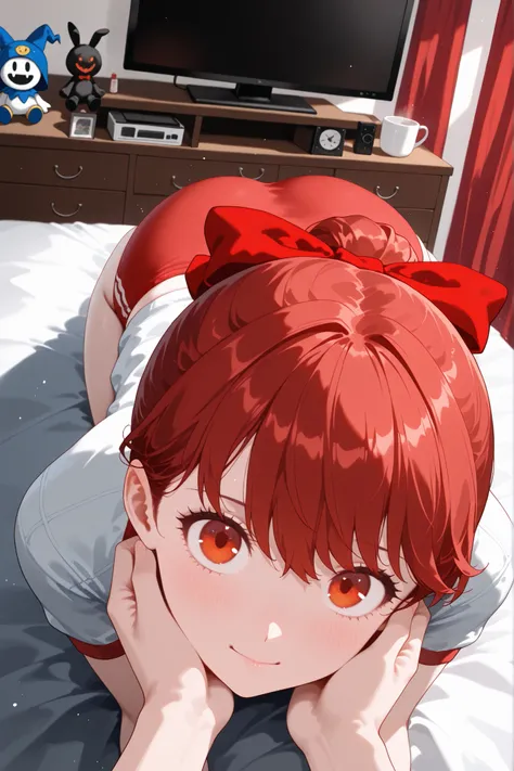 (background blur:1.9),((close-set eyes:1.9)),(tareme:1),(narrowed eyes:1.7),happy:1.5,furrowed brow:1.5,(viewers:1.5),ashamed,(),volumetric lighting,((joyful eyes,bright highlights red eyes:1.3)),(gradation red eyes:1.3),on stomach,masterpiece,long shot,左を...