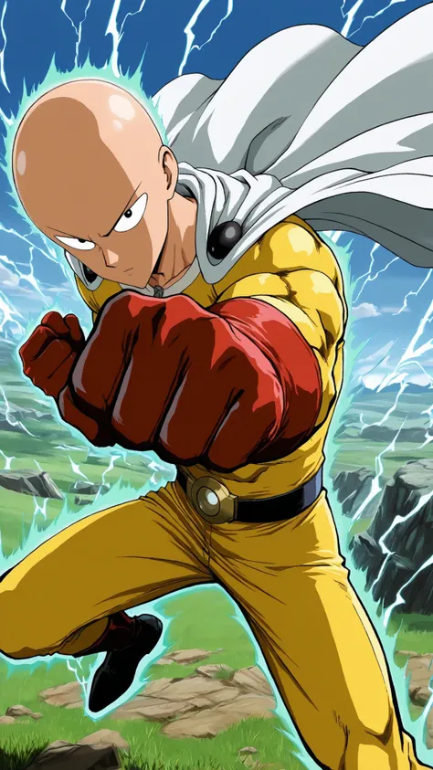 One Punch Man's Saitama, super power, Bald head, fits a muscular body, Torn Suit, yellow suit, white cape , Red gloves, clenched fist, Exploding Electric Aura, Lightning Aura, Eyes Viewers, score_9, score_8_up, score_7_up, animated screen capture of putt...