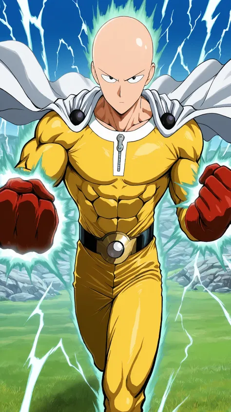 One Punch Man's Saitama, super power, Bald head, fits a muscular body, Torn Suit, yellow suit, white cape , Red gloves, clenched fist, Exploding Electric Aura, Lightning Aura, Eyes Viewers, score_9, score_8_up, score_7_up, animated screen capture of putt...