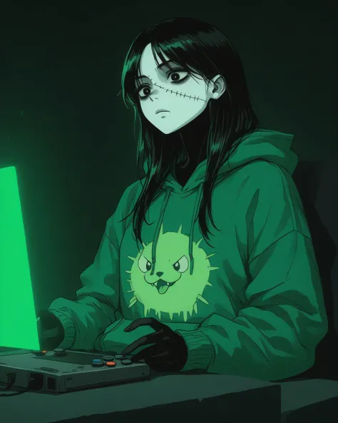 Wednesday Addams portrayed as a black skin girl with a stitches, playing video games on a green tab, wearing a green hoodie, with a green pet beside her, green theme