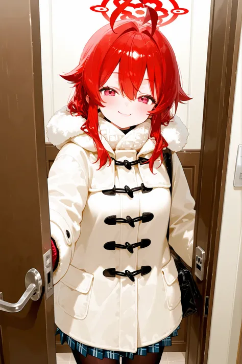 Girl in front of the、door of her winter apartment、Red cheeks、Smile Yan、view when opening the door、cute、Winter clothing