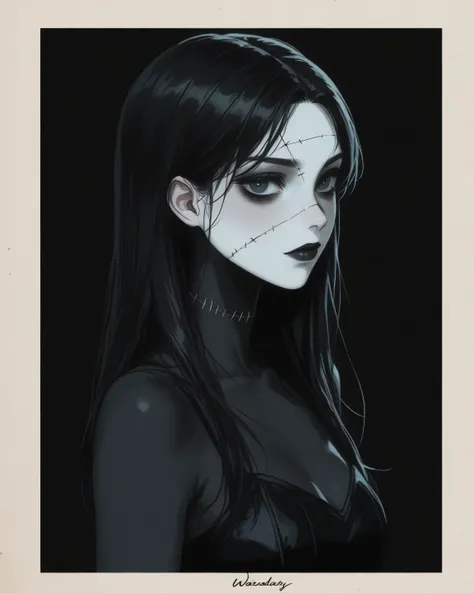 Wednesday Addams portrayed as a black skin girl with stitches in a velvet Polaroid dreams