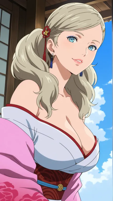 ((Studio: Madhouse)) [((Anne_Takamaki)), 1girl, big breasts (solo), (masterpiece, best quality), (finely detailed beautiful eyes), blue_eyes, (voluminous pigtails), (beige_hair), Anne Takamaki , Persona, High quality , best quality , masterpiece, Hig...