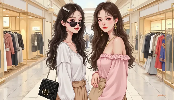 two elegant young women standing in a luxury shopping mall, semi-realistic manhwa style, waist-up shot (from the stomach up), both looking directly at the camera with calm confident expressions, clear detailed facial features, soft Douyin-style makeup, no ...