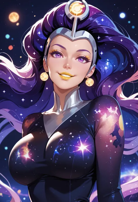 woman, big breasts, anime style, yellow lipstick, supernova, cosmic hair, long hair, bright purple eyes, galaxies, sensual smile 