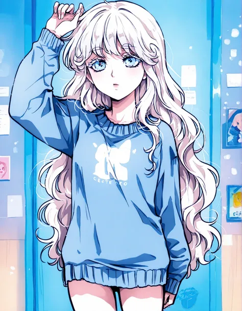 A tall, albino girl, with pale skin and white hair. She has pastel blue eyes, extremely light eyes, and her white hair is quite long, Reaching up to the ankles, and is quite wavy and with a large wavy fringe, over her eyebrows, her pale skin has some large...