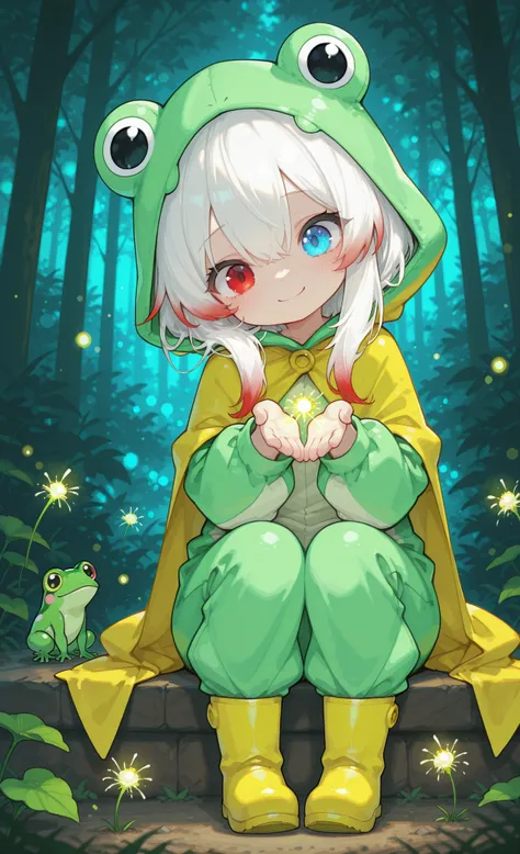 Melys Chibi, masterpiece, best quality, ultra-detailed:1.3, chibi style, 1girl, solo, pure white hair with soft gradient red tips, heterochromia crimson red right eye:1.3 and ice blue left eye:1.3, fair skin, wearing bright green frog onesie with yellow ca...
