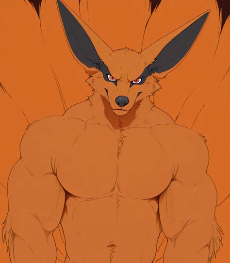 Kur4m4, fox, orange fur, red eyes, male, solo, cel shaded, flat color, thick arms, strong chest, (muscular body, muscular), half body, looking at viewer, strong stance, stern face, nine tails, big ears, by anhes, t4r4nf1dd13r