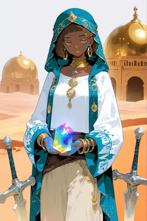 (0__11Xx_illu,duobaan,) The sorceress is a jeweler, a master of artifacts. She has tanned dark skin covered with ornate blue tattoos. She has dark-brown shorty haircut ((boy's crewcut)) with a copper sheen. She has golden lips, bronze eyes and long dramat...