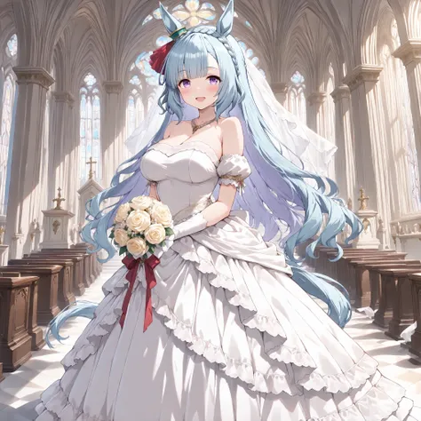 (very aesthetic,masterpiece,best quality,high resolution,UHD,8K,highres,ultra detailed,professional quality,absurdres:1.2),ai-generated,ai-assisted,Mejiro Ardan (umamusume),wedding dress,wedding,cathedral,bouquet,altar,:d