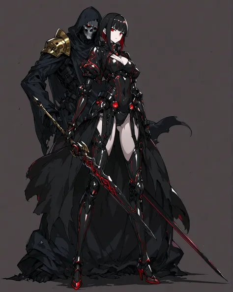 masterpiece、Highest Quality、Detailed picture、mecha cybergoth lolly, is very tall, Long Legs , Bob, black hair, gold and red in her armor, Grim Reaper in her hand. dynamic pose. catacomb background.