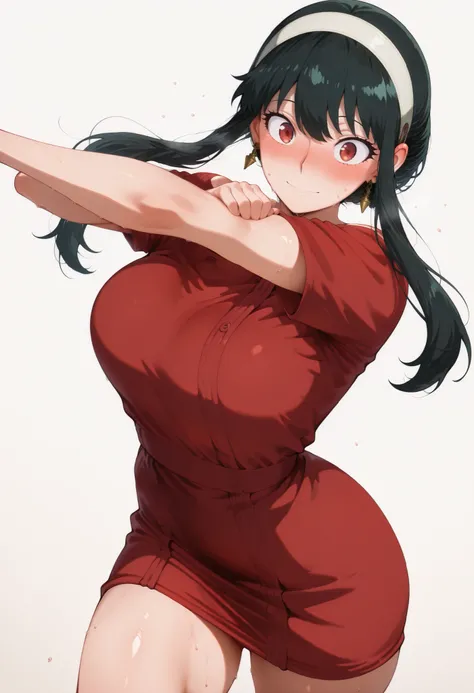 score_9, score_8_up, score_7_up, score_6_up, score_5_up, score_4_up, masterpiece, high quality, yor briar, black hair, red eyes, earrings, white hairband, hairband, long hair, sidelocks, large breasts, shiny skin, shiny hair, shiny body, clear body, large ...