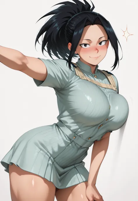 nose blush, shiny legs, shiny body, shiny hair, clear skin, clear body, short hair,, white background, simple background, standing, (masterpiece), best quality, expressive eyes, perfect face,1girl,(large breasts),, nose blush, looking at viewer,, nice legs...