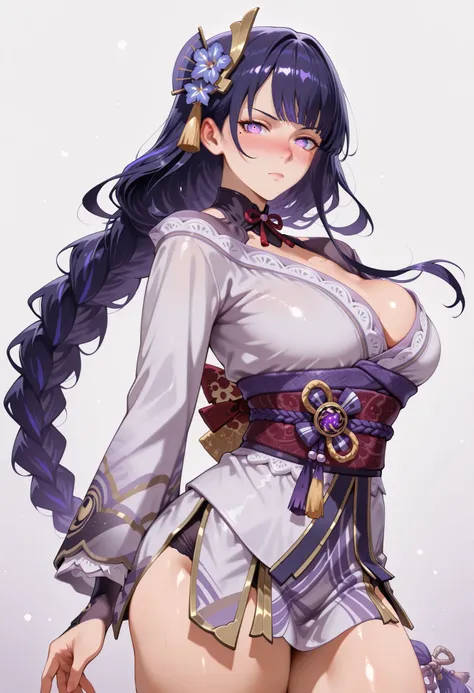 score_9, score_8_up, score_7_up, source_anime,
raidenshogun, 
raiden shogun, braid, braided ponytail, hair flower, hair ornament, long hair, mole, mole under eye, purple eyes, purple flower, purple hair, single braid, sidelocks, 
looking at viewer, looking...