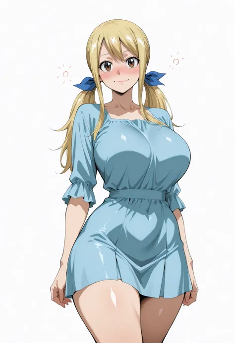 score_9, score_8_up, score_7_up, source_anime,  lucy heartfilia, long hair, blonde hair, large breasts, brown eyes,,, blue hair ribbon,, blush, drunk,, , looking at viewer,, , solo,, large breasts, big ass, thick thigs, wide hips, slim waist, mature body, ...