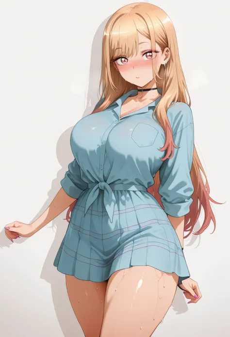 marin kitagawa, large breast, thic thigh,, multicolored hair, blonde hair, long hair, magenta eyes, ear piercing, earrings, pink nails, makeup,, nice legs, looking at viewer, solo, looking at viewer, nose blush, shiny legs, shiny body, shiny hair, clear sk...