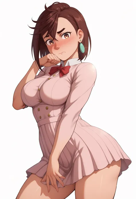 momo ayase, posing embarrassed , red face , short hair, brown hair, brown eyes, bangs, thick eyebrows, large breasts,, shy expression, blushing cheeks, detailed shading, soft shadows,, anime style, high detail, clean background. ,, alone, earrings, nose bl...