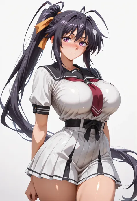 cowboy shot of ((large breast)), ((Thicc)), (()), (wide hips), 1girl, akeno himejima, long hair, black hair, ribbon, very long hair, purple eyes, hair ribbon, ponytail, antenna hair, looking at viewer, shiny skin, shiny hair, shiny body, clear body, nose b...