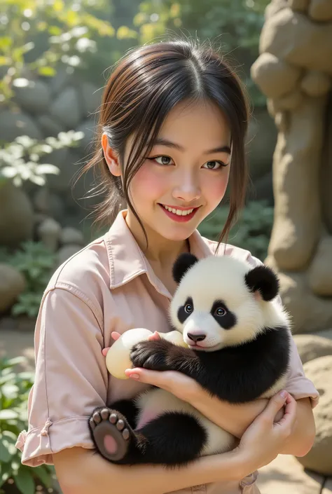 A cute zookeeper girl is holding a baby panda and feeding it milk from a bottle.