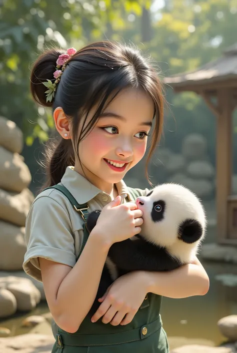 A cute zookeeper girl is holding a baby panda and feeding it milk from a bottle.