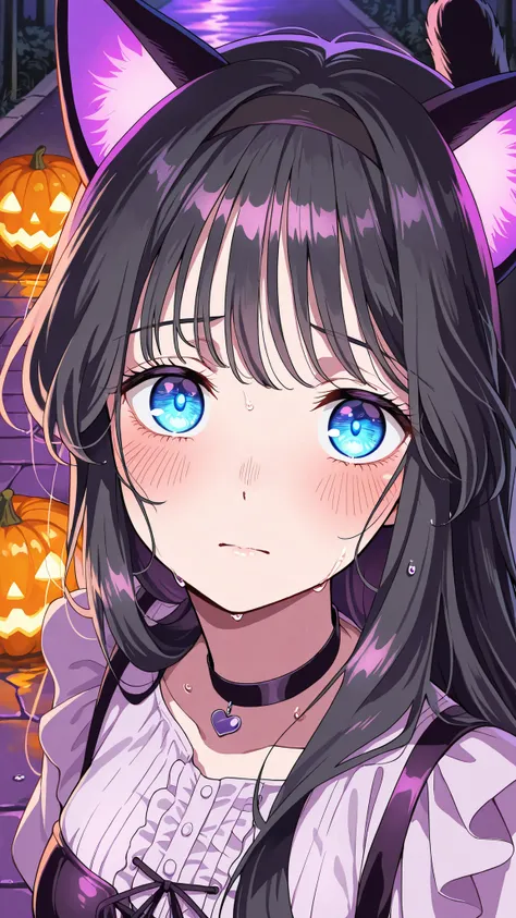 BREAK (masterpiece:1.2), best quality, high resolution,8k wallpaper, (illustration:0.8), (beautiful detailed eyes:1.6),Suburban road with purple fog drifting low, neon purple and orange halloween lights reflecting on wet pavement, glowing pumpkins on porch...