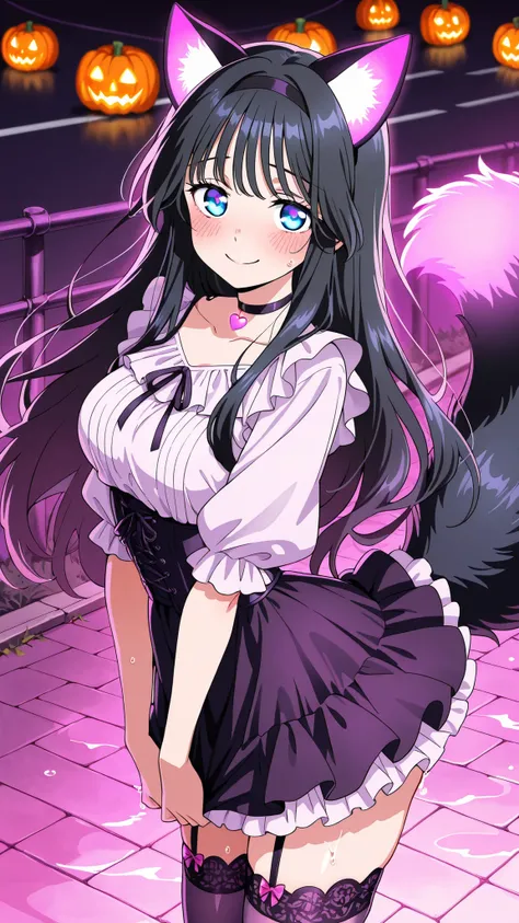 BREAK (masterpiece:1.2), best quality, high resolution,8k wallpaper, (illustration:0.8), (beautiful detailed eyes:1.6),Suburban road with purple fog drifting low, neon purple and orange halloween lights reflecting on wet pavement, glowing pumpkins on porch...