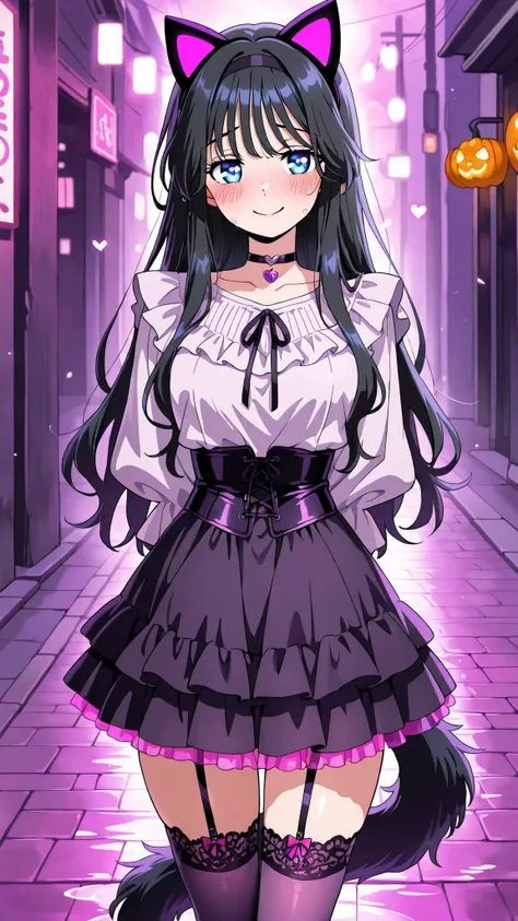 BREAK (masterpiece:1.2), best quality, high resolution,8k wallpaper, (illustration:0.8), (beautiful detailed eyes:1.6),Suburban road with purple fog drifting low, neon purple and orange halloween lights reflecting on wet pavement, glowing pumpkins on porch...