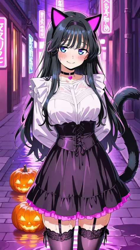 BREAK (masterpiece:1.2), best quality, high resolution,8k wallpaper, (illustration:0.8), (beautiful detailed eyes:1.6),Suburban road with purple fog drifting low, neon purple and orange halloween lights reflecting on wet pavement, glowing pumpkins on porch...