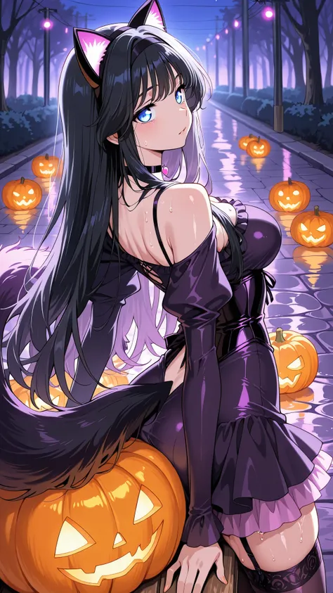 BREAK (masterpiece:1.2), best quality, high resolution,8k wallpaper, (illustration:0.8), (beautiful detailed eyes:1.6),Suburban road with purple fog drifting low, neon purple and orange halloween lights reflecting on wet pavement, glowing pumpkins on porch...