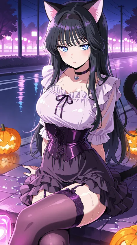 BREAK (masterpiece:1.2), best quality, high resolution,8k wallpaper, (illustration:0.8), (beautiful detailed eyes:1.6),Suburban road with purple fog drifting low, neon purple and orange halloween lights reflecting on wet pavement, glowing pumpkins on porch...