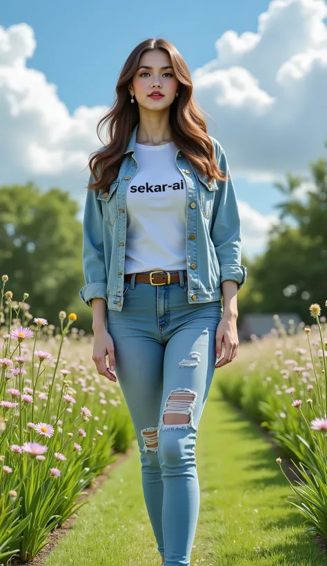 In a large yard, filled with neat grass and wild flowers, There was a beautiful young woman, wearing a white t-shirt that said SeKAR-Ai , And wearing a light blue ripped jeans jacket, light blue tight jeans, and pink and white shoes, He has long brown hair...