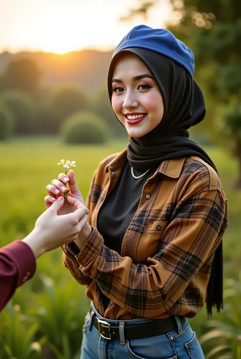 made a beautiful Indonesian woman, , white, beautiful, wearing a black hijab, wearing a dark blue snapback, wearing a brown and yellow flannel shirt, blue jeans, the woman was holding a small white flower with her fingers while smiling and handed it to a h...