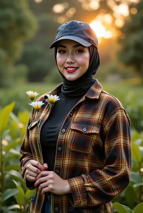made a beautiful muscle Indonesian woman, , white, beautiful, wearing a black hijab, wearing a dark blue snapback, wearing a brown and yellow flannel shirt on her muscle body, blue jeans, the woman was holding a small white flower with her fingers while sm...