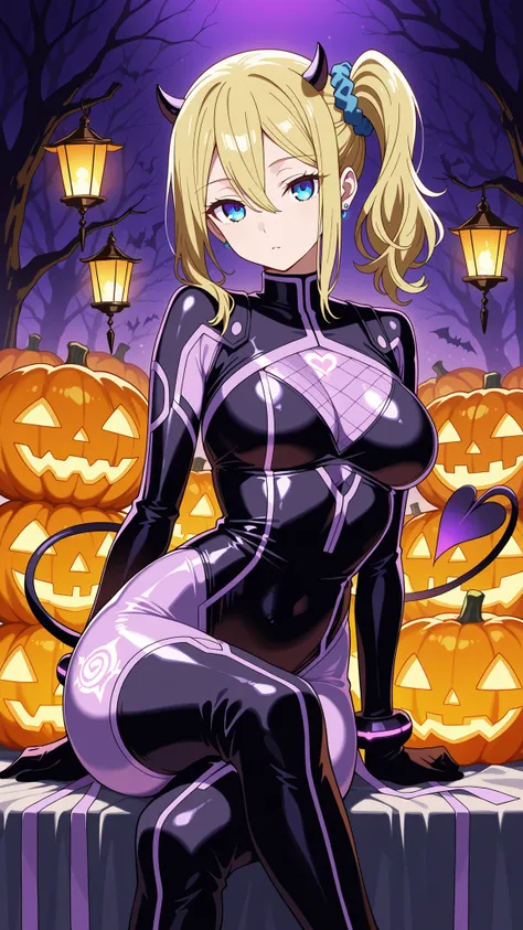 BREAK (masterpiece:1.2), best quality, high resolution, unity 8k wallpaper, (illustration:0.8),Anime-style nighttime street decorated for Halloween, deep black shadows, glowing orange pumpkins, dim lanterns hanging from trees, subtle purple and green accen...